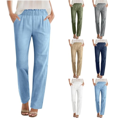 HGps8w Linen Straight Pants for Women Comfy Elastic Waist Versatile Solid Loose Office Work Lounge Trousers with Pockets2