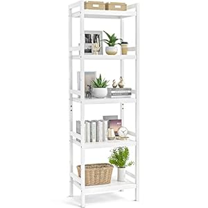 Homykic Bambus-Bücherregal, 5-stöckig, schmal, 142 cm, verstellbares Bücherregal, Badezimmerregale, freistehender Aufbewahrungsständer für Wohnzimmer, Schlafzimmer, Küche, einfache Montage, weiß