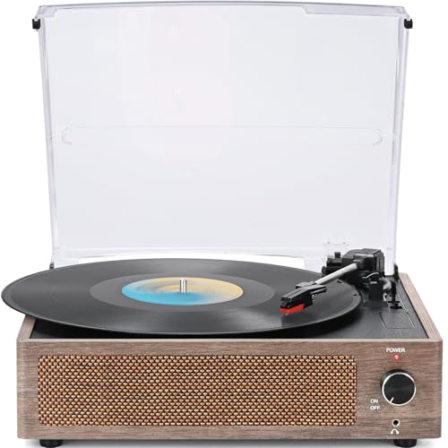 Image of Vintage Vinyl Record Player with Speakers Retro Turntable Belt-Driven LP Phonograph 3-Speed Bluetooth Wireless Input AUX-in Headphone RCA Line Out All-in-one for Beginner Wooden Grain Grey