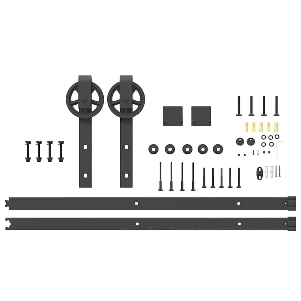 Juego de herrajes para puerta corredera de 183 cm de acero con recubrimiento en polvo negro con tope de puerta y guía de suelo para puerta de habitación, montaje, seguridad y deslizamiento silencioso