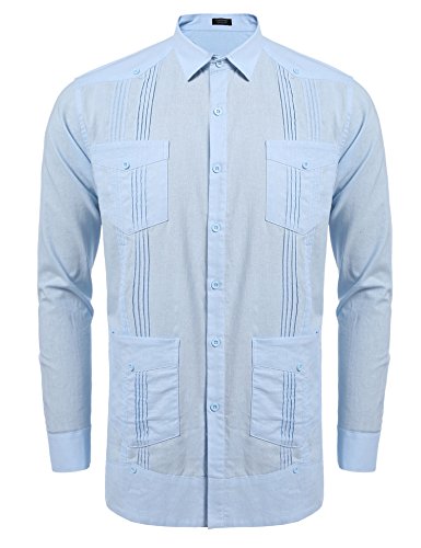 COOFANDY Men's Long Sleeve Guayabera Cuban Shirt Casual Button Down Cotton Linen Shirt Light Blue