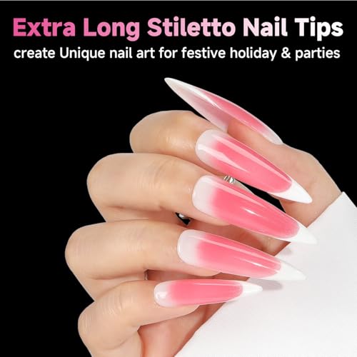 Image of UNA GELLA XXL Stiletto Nail Tips 312pcs Pre-Shape Extra Long Stiletto Nails | Pre Etched Full Cover No Need File Clear Fake Nails for Party DIY Art Salon 12 Sizes