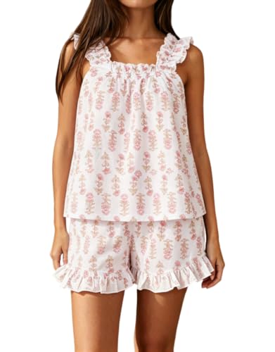 Image of Womens Summer 2 Piece Set Fashion Ruffle Trim Cami and Casual Shorts Set Cotton Pajama Sets