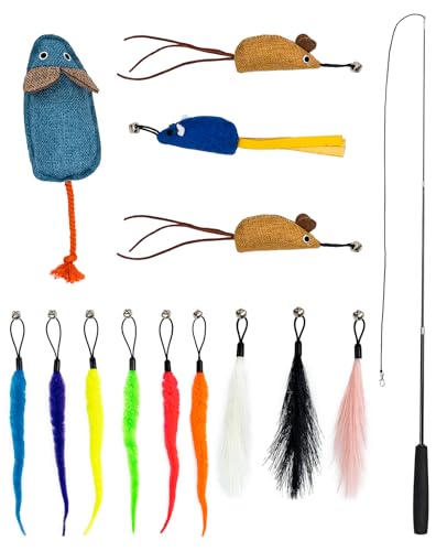 lionto Jouet pour Chat, Set 14 pièces avec Canne télescopique, 12 pendentifs à clochettes, Souris en Peluche, poignée rembourrée, et Souris remplies de...