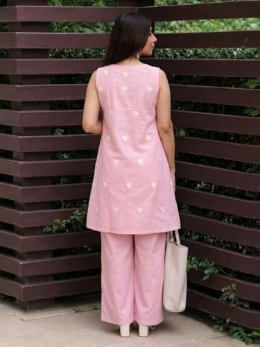 Image of ANNI Designer Kurta Set for Women Cotton Blend Embroidered | Kurti Set for Woman | Farshi Salwar Suit Kurta Palazzo Outfit | Round Neck V Slit Sleeveless Regular Fit Ethnic Dress Stylish Clothing