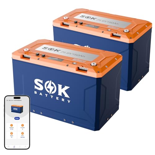 SOK Battery 2Pack 24V 150Ah Lithium Iron Phosphate Battery IP67 Marine Grade 8000+ Deep Cycles with Self-heating Function, Bluetooth 5.1 CAN Communication for RV Off-Grid Solar Marine Home Backup