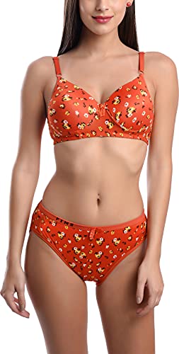 Image of FIMS - Fashion is my style Cotton Flower Print Padded Bra Panty Set for Women, Non Wired, Full Coverage, Tshirt, Back Closure, Push up, Teenage, Regular, Soft Cups