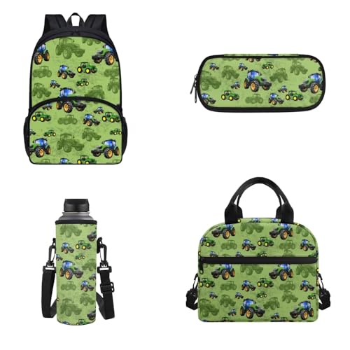 Zainetto 4 in 1 per la scuola set di zaino per la per bambini e adolescenti Trattore Cartone Animato Zaini verde