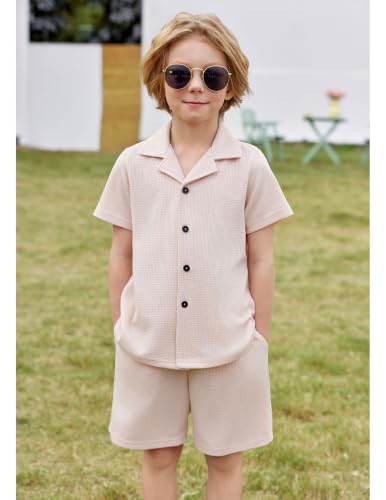 Image of Arshiner Toddler Boys 2 Piece Summer Outfits Waffle Knit Short Sleeve Button Down Shirt & Casual Shorts Sets Size 2-7