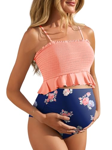 Summer Mae Maternity High Waist Swimsuit Ruffle Hem Bikini Bathing Suit Shirred Bandeau Two Piece Pregnancy Swimwear Orange Flower X-Large