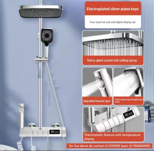 Image of X-XONIER Wall Mount Thermostatic Shower Set digital display 4 function shower set Mixer Hot & Cold, 3 function Handheld, overhead rainfall Jet Spray showers For Bathroom