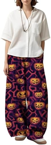 Halloween Wide Leg Pants for Women Pumpkin Lantern Print Baggy Trousers Orange Black Bat Pattern High Waist Casual Party Lounge Pants with Pockets for Fall Festivities