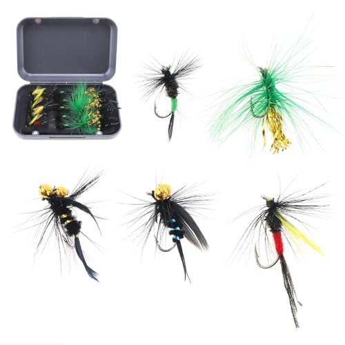 OriGlam Juego de 20 señuelos de pesca con mosca, surtido hecho a mano con caja impermeable para moscas, anzuelos de trucha, anzuelos artificiales para trucha, lubina, salmón, lucio