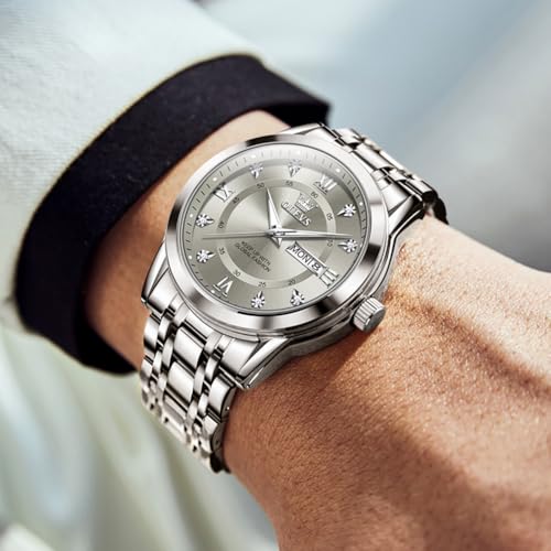 OLEVS Watch for Men Classic Business Dress Analog Quartz Stainless Steel Waterproof Luminous Date Diamond Men Silver Watch