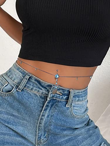 Wriidy Rhinestone Belly Button Rings Chains 316L Surgical Steel Navel Ring Barbell Wasit Chain 14G Body Piercing Jewelry For Women And Girls (Silver) #TOP6