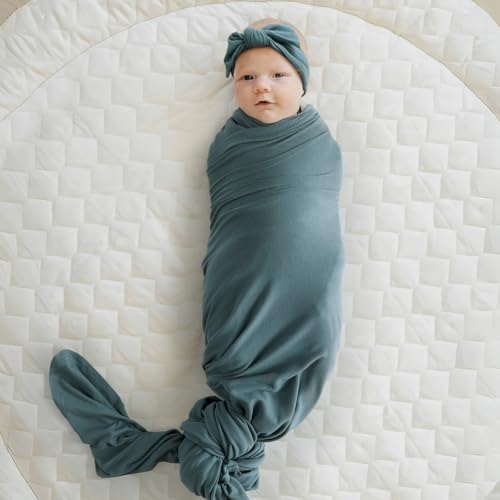 Image of GRSSDER Newborn Swaddle Blanket, Ultra Soft Jersey Receiving Blanket with Matching Headband and Beanie Set, 47x47 inch Extra Large Nursery Swaddle Wrap for Girls and Boys