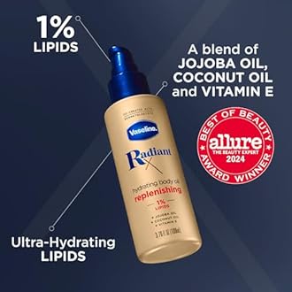 Vaseline Radiant X Replenishing and Hydrating Body Oil with 1% Lipids, Jojoba Oil, Coconut Oil, & Vitamin E 3.7 oz