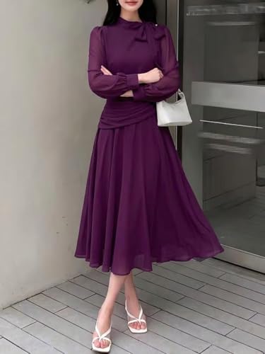 Image of SMOWKLY Women Elegant Midi Dress | Long Sleeve Fit & Flare Dress Western Dress for Women | Office, Evening, Casual & Occasion Wear
