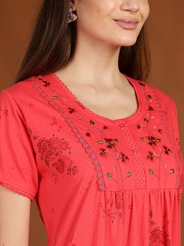 Image of 9shines Label Stylish Cotton Blend Embroidered Maxi Nightdress for Women with Pocket| Full Length Nightwear| Premium Nightdress| Comfortable Nightwear(5256)