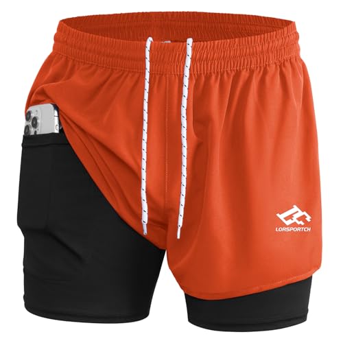 LORSPORTCH Herren Laufshorts 2 in 1 Shorts Gym Athletic Shorts Outdoor Marathon Workout Trainingsshorts Mit Eingebaut Taschen Orange XL LORSPORTCH Herren Laufshorts 2 in 1 Shorts Gym Athletic Shorts Outdoor Marathon Workout Trainingsshorts Mit Eingebaut Taschen Orange XL
