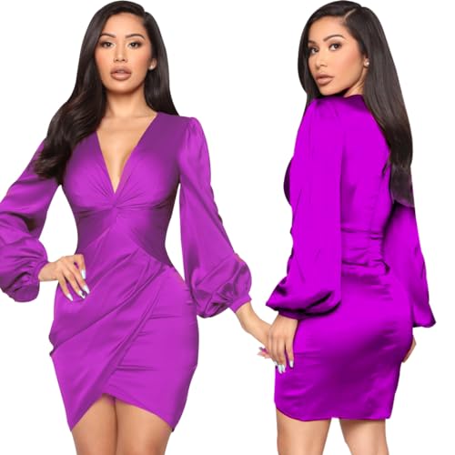 Image of FairyLove Women's Elegant Empire Waist Long Sleeve Wedding Guest Party Cocktail Bodycon Irregular Satin Dresses