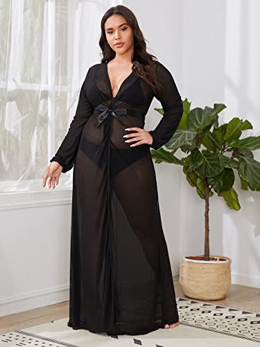 Soly Hux Women's Plus Size Long Sleeve Sheer Mesh Kimono Belted Robe Black 2Xl #TOP2