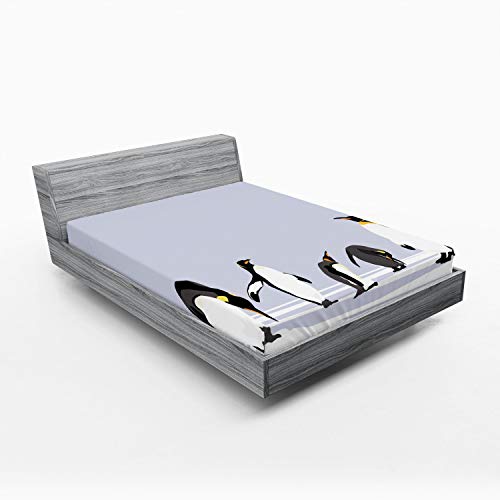Ambesonne Animal Fitted Sheet, Penguins on Polar ICY Land Winter Climate Arctic Cold Season Creatures Print, Soft Decorative Fabric Bedding All-Round Elastic Pocket, Full Size, White Lilac