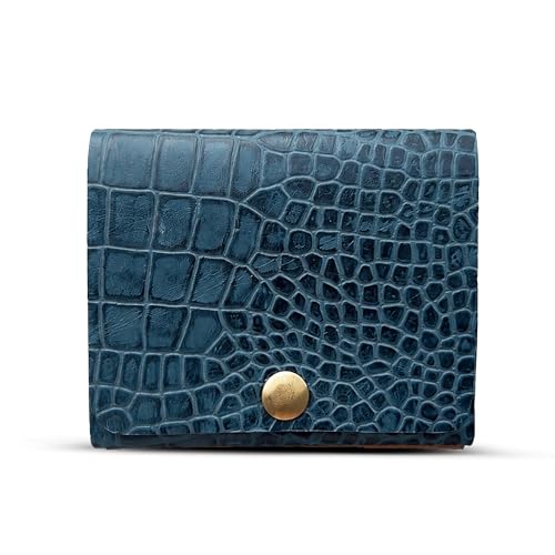 Image of STRUTT Croc Textured Genuine Leather Batua Wallet for Men & Women | Handcrafted Blue Leather Cash & Card Holder | Snap Button Closure | Compact Ethnic Money Pouch