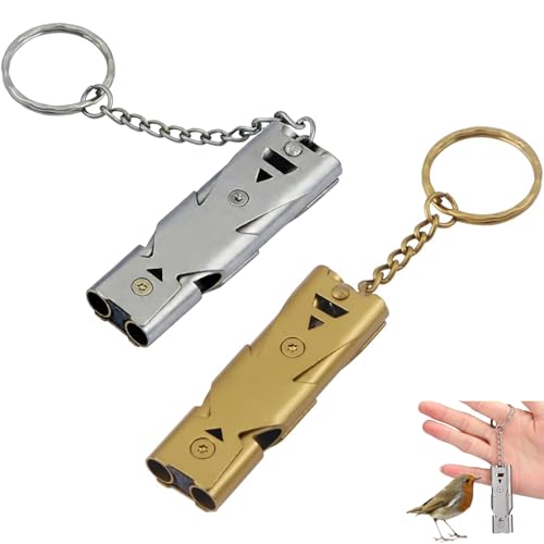 Image of Whistle High Sound, 2 Pack Double Tube Loud Whistle for Camping, Sports Whistles for Coaches for Hiking, Survival, Sports, with Keychain, 5.7cm x 1.8cm, Gold and Light Gray