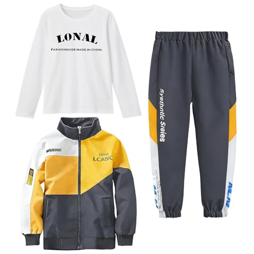 Amur Leopard Survêtement Garçon Ensemble 2pcs/3pcs Veste Zippée + Pantalons + T-Shirt à Manches Longues Costume Jogging Enfant, Jaune 3pcs, 170/14-15 Ans
