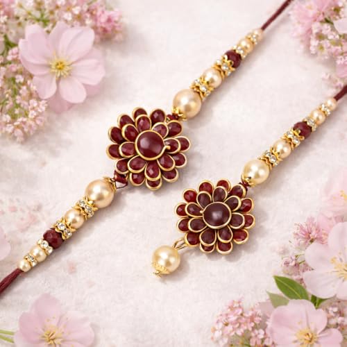 Image of Riddhika Ventures Elegant Traditional Gold Plated Bhaiya Bhabhi Rakhi Set with Roli Chawal and Greeting Card || Traditional Rakhi Set of 2 & Festive Gift
