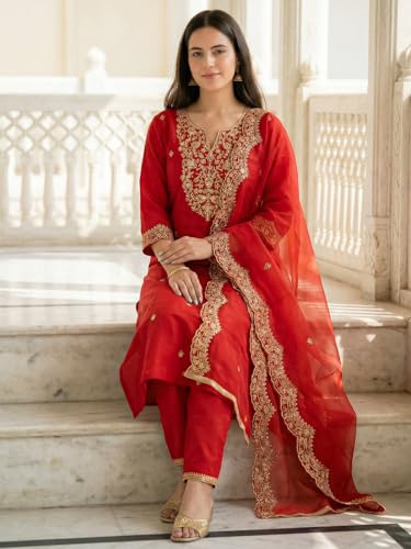 Image of INDO ERA Women's Embroidered Viscose Rayon Straight Kurta Pant with Dupatta Set