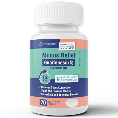 WELMATE - Guaifenesin 600mg (70 Tablets) - Mucus Relief - Expectorant Thins Mucus - Cough & Cold - 12 Hr Support - Fast Acting - Extended-Release Bi-Layer Tablets - Over-the-Counter Medication