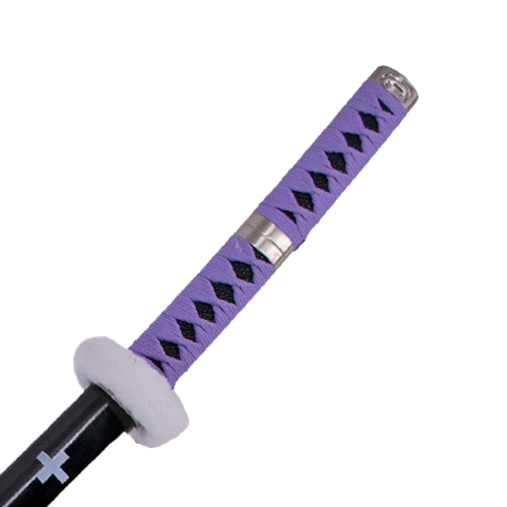 Katana S5017 di Trafalgar Law di One Piece, replica non ufficiale, lama in acciaio nero da 102 cm, impugnatura con avvolgimento marrone chiaro e tsuba rivestita in velluto, con supporto. Rif. S5017