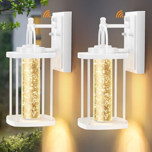 APOTO 2 Pack Dusk to Dawn Exterior Lighting Fixtures, 10W LED Modern Outdoor Wall Lights Sconce with Crystal Bubble Glass, White Wall Mount Outdoor Porch Lighting Fixtures for House,Front Door,Garage