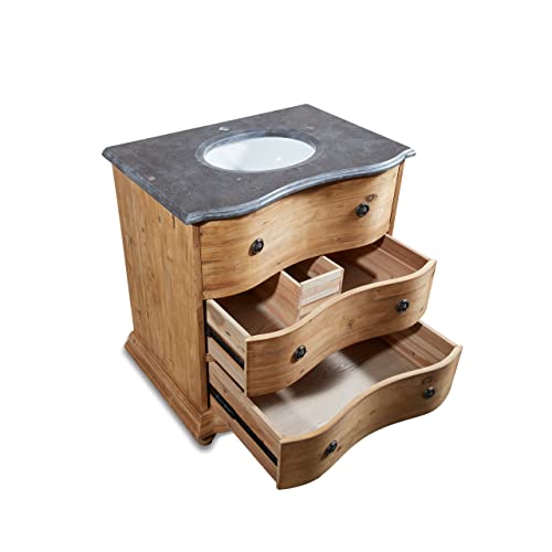 36" Handcrafted Natural Pine Solid Wood Single Vanity, Serpertine, With Natural Blue Stone Top #TOP2