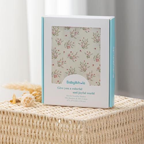 Image of Newborn Swaddle Set with Matching Hat and Headband Bow, Wooden Birth Announcement Card, Muslin Baby Swaddle Blankets for Girls, Wildflower Pattern