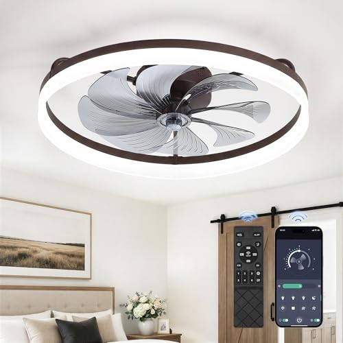Image of LEDIARY Ceiling Fans with Lights, 23 inch Low Profile Flush Mount Ceiling Fan, Dimmable LED, APP & Remote Control, Quiet Reversible DC Motor, 6 Speeds, Fandelier for Bedroom, Brown
