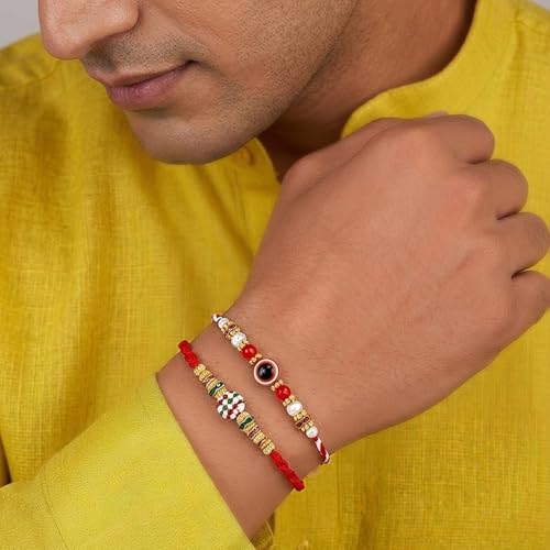 Image of Peora Evil Eye & Crystals Studded Rakhi for Brother Bhaiya | Red Thread | Raksha Bandhan Hamper with Roli Chawal Greeting Card