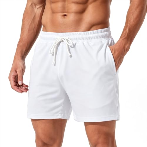 Jeixopu Mens Athletic Gym Shorts 5" Cotton Jogger Workout Casual Lounge Sweat Shorts with Pockets (White-L) - image 1