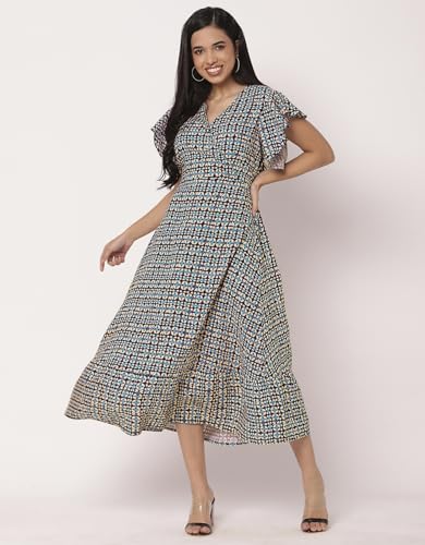 Image of Moomaya Women's Printed Dress, V-Neck, Short Sleeves, Ruffled Midi Summer Dress