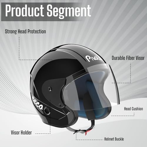 Image of Pivalo EECO Open Face Helmet ISI Certified Smooth Finish Lightweight & Compact Unisex Half-Face Helmets with Clear Visor & Adjustable Strap for Bike Men Women (Glossy Black, 580mm)