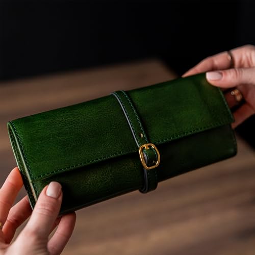 Image of Time Resistance Leather Jewelry Roll - Full Grain Leather Travel Jewelry Case - Jewellery Organizer Made in Italy (Green)