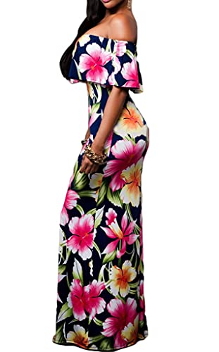 Happy Sailed Women Prom Floral Off Shoulder Bodycon Maxi Dress For Evening, Large Navy Blue #TOP2
