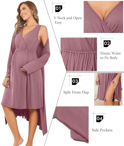 Image of Ekouaer Maternity Nursing Gown and Robe Set Labor Delivery Nursing Nightgowns for Breastfeeding Pregnancy Clothes