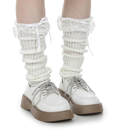 ValueBargain 1 Pairs Leg Warmers with Bows, Knit Leg Warmers for Women, Y2K Lace Bowknot Ruffle Layered Socks, Harajuku Lolita Costume Party Accessory