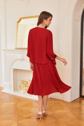 Image of GRACE KARIN Formal Wedding Guest Dress Sequin Mother of The Bride Dresses | Two Piece,3 /4 Sleeve,Tea Length,Crew Neck,Fit and Flare,Chiffon,Suitable for Spring /Summer /Fall /Winter /Cocktail /Party /Prom