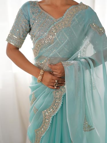 Image of Satrani Women's Tissue Silk Sequin Embroidery Scalloped Border Saree with Unstitched Blouse Piece