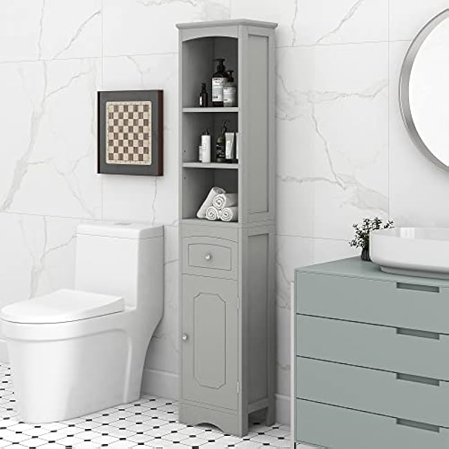 Grey Bathroom Cabinet, Freestanding Storage Cabinet with Drawer and Adjustable Shelf