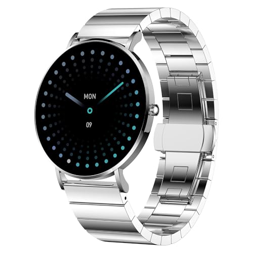 XCOAST Reloj inteligente unisex plateado – Pulsera de eslabones AMOLED Monitor Fitness Tracker con frecuencia cardíaca, presión arterial y SPO₂, más de 21 modos deportivos, IP68 resistente al agua